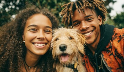 Young diverse couple and dog taking happy selfie