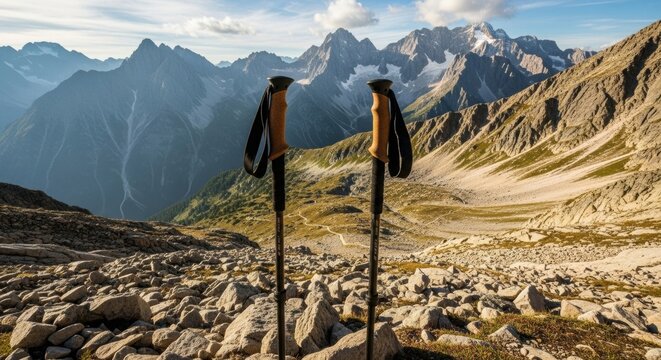 Trekking poles standing on rocky mountain trail with majestic alpine peaks under blue sky.