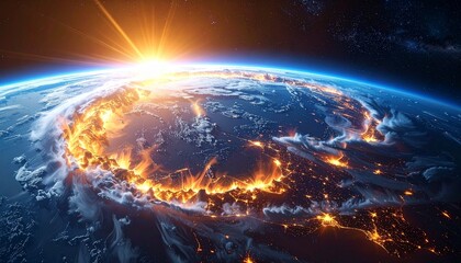 Obraz premium Epic celestial view of a world on fire, a cataclysmic impact creating a fiery ring on the Earth's surface