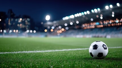 Soccer Ball on Green Turf Field Under Stadium Lights at Night with Blurred Background
