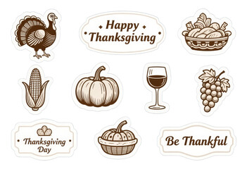 Brown Thanksgiving Icons with Transparent Background, Vintage Illustration Set for Design