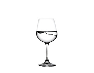 Partially filled clear wine glass, swirling liquid, elegant stem, minimalist black background