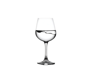 Partially filled clear wine glass, swirling liquid, elegant stem, minimalist black background