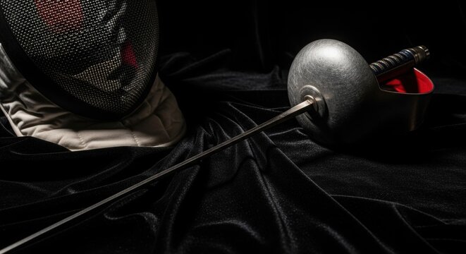 Fencing mask and épée sword resting on black velvet background in dramatic light.