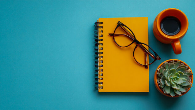 Overhead view of a yellow notebook with glasses coffee cup and succulent plant on a blue background - Powered by Adobe