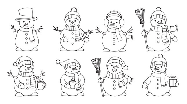 Cute snowman collection line art winter holiday characters set festive christmas drawings silhouette