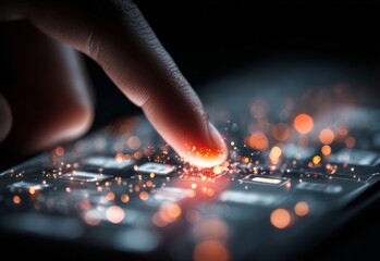 Finger touching digital circuit board connecting data and technology