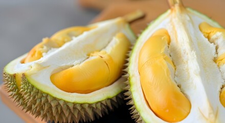 Close-up of a cut open Durian fruit, showing the rich yellow flesh.