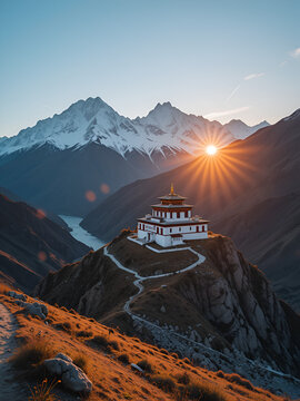 Picturesque view of the Key Gompa Monastery (4166 m) at sunrise. Spiti valley, Himachal Pradesh, India.