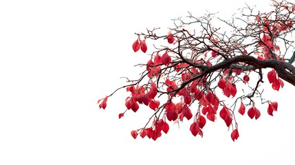 Fototapeta premium A tree branch with red leaves on a white background 