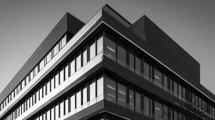 Fototapeta premium Modern office building exterior with sharp angles and reflective glass windows in black and white photography, showcasing architectural details and clean lines under clear sky