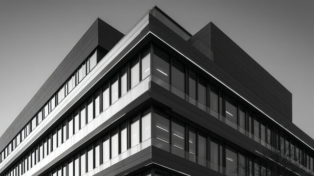 Modern office building exterior with sharp angles and reflective glass windows in black and white photography, showcasing architectural details and clean lines under clear sky