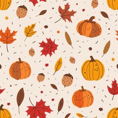 Hand Drawn Pumpkins and Maple Leaves Seamless Autumn Background