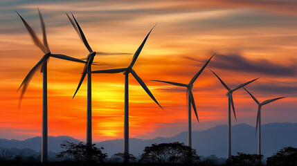 The image shows a row of wind turbines turning gracefully against a dramatic sunset sky, painted in vivid shades of orange, red, and yellow. Silhouetted trees and distant mountains form the backdrop, 