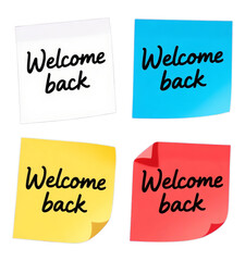 Four Colorful Welcome Back Sticky Notes with Transparent Background, Handwritten Design Elements