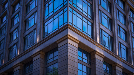 Obraz premium Modern office building corner with reflective glass windows and stone facade illuminated by soft evening lights, creating calm and professional atmosphere