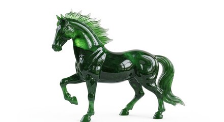 Obraz premium A striking, dark green glass sculpture of a horse in motion, captured against a clean white background.