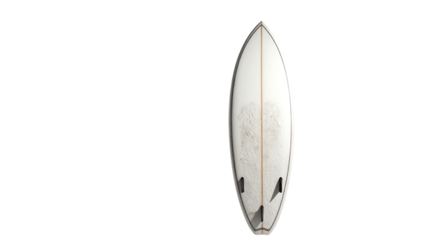 Off-white surfboard with a subtle, faded floral pattern near the center, and a thin, light-brown stripe down the middle, against a black background