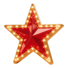 Glossy Crimson Star with Golden Lights on Transparent Background, Neon 3D Realism Design Element