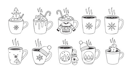 Charming hand drawn collection of hot beverages in festive mugs cozy winter drinks for seasonal designs silhouette