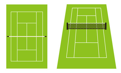 ラケットを使って、選手がプレイするスポーツ、テニスをする為のコートをデザインしたカラーのイラスト