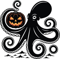 Halloween octopus with pumpkin silhouette sea monster vector