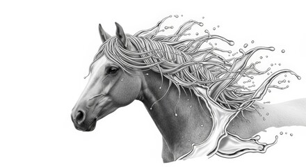 A striking black and white illustration of a horse's head with its mane transforming into splashing water.