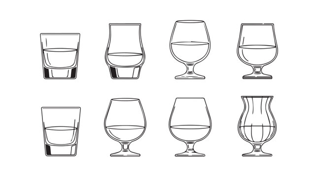 Collection of eight unique whiskey glasses and tumblers showcasing diverse styles for spirits silhouette