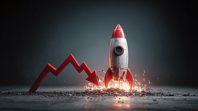 Rocket launch failure: A plummeting arrow indicates a setback in progress, juxtaposed with a vintage-style rocket amidst sparks and debris.