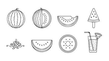 Collection of fresh watermelon elements outline drawing healthy fruit food summer refreshment silhouette