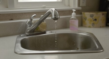 Water dripping from a faucet into a sink.