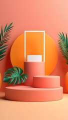 Peach podium with tropical leaves and frame for product display advertising design