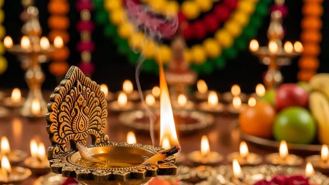 Diwali celebration with oil lamps and fruit platter 4k video