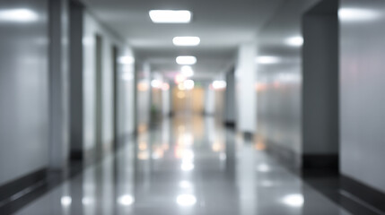 Fototapeta premium Blurred hospital corridor with bright ceiling lights and reflective floor creating calm atmosphere