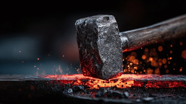 Forging Steel: A blacksmith working with a hammer on glowing hot metal, sparks flying in a dark, industrial setting, showcasing the process of metalworking.