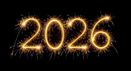 Bright golden sparkler numbers 2026 against a stark black background emitting vibrant light and glowing particles