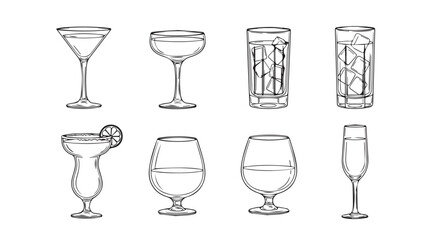 Collection of hand drawn cocktail and drink glasses various shapes and styles line art silhouette
