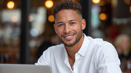 The image shows a smiling young man in a white shirt, sitting in a café with a laptop in front of him. He has short curly hair, a trimmed beard, and wears a small earring. The background is softly blu