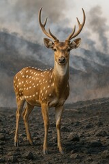Spotted deer standing on rocky ground in smoky haze from wildfire pollution