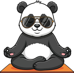 Naklejka premium Cute cartoon panda wearing sunglasses meditating in lotus pose on an orange mat