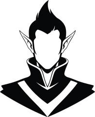 Stylized black and white illustration of an elf or fantasy character head and shoulders