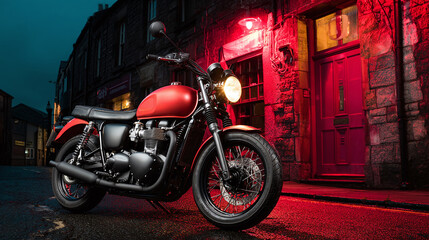 Fototapeta premium Classic motorcycle parked in urban setting, illuminated by red light. The motorcycle is an elegant design with a retro aesthetic.