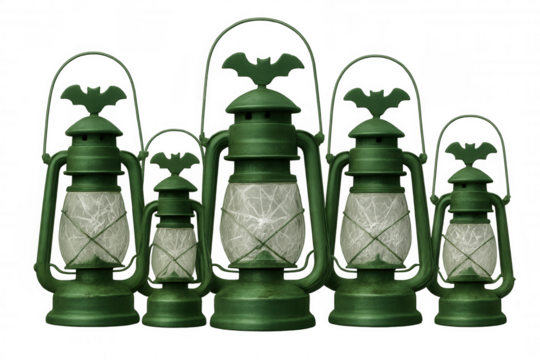 Halloween lanterns with bat decorations, green antique style oil lamp set, transparent background