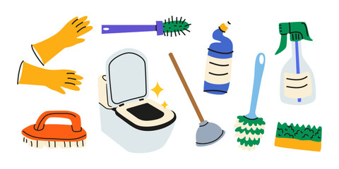 Toilet cleaning tools cartoon retro stickers in groovy style. Bathroom cleaning set. Cleaning supplies, bottles, spray, toilet brush, vantus, gloves. Housework vector illustration