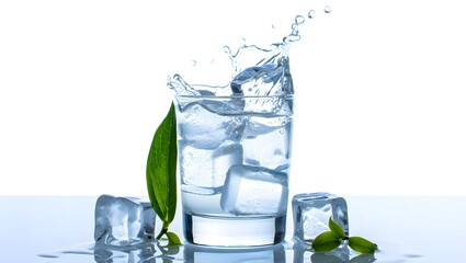 Refreshing water with ice cubes and leaf creating a splash on a white background