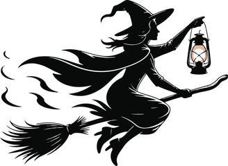 Halloween witch with lantern silhouette flying vector