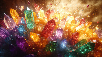 A captivating image of beautiful, sharp crystals bursting from a hot, fiery surface. A mystical and dramatic background of sparkling minerals and an explosion of light.