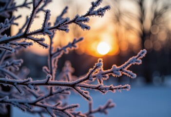 Tranquil Winter Sunrise Illuminating Frost-Covered Tree Branches Against a Softly Lit Snowy Landscape with Warm Glowing Sunlight in the Background
