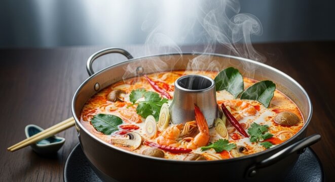Hot Thai tom yum soup with shrimp, lemongrass, mushrooms, chili, and herbs in steaming pot