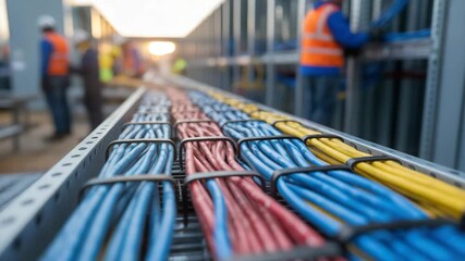 Energetic electrical workers install colorful wiring and cable trays for data transmission in modern construction, ensuring safe connectivity solutions
